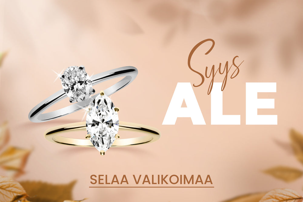Syksyinen banneri kahdesta timanttisormuksesta vaaleanpunaisella taustalla ja ruskeilla syksyn lehdillä