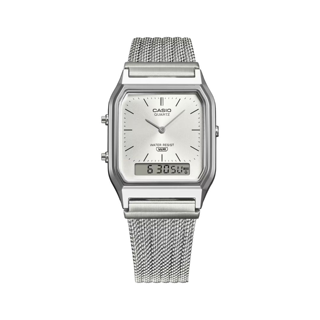 Casio AQ-230EM-7AEF Vintage rannekello hopeanvärisellä taululla ja rannekkeella