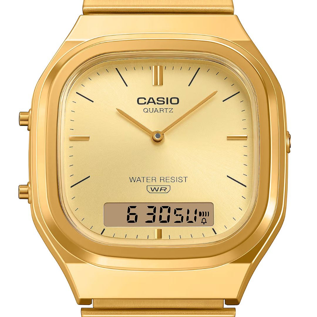 Casio AQ-240EG-9AEF Vintage rannekello kultaisella rannekkeella ja taululla