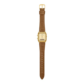 Casio Vintage AQ-230EGL-9AEF rannekello, kullansävyinen kellotaulu ja ruskea nahkaranneke