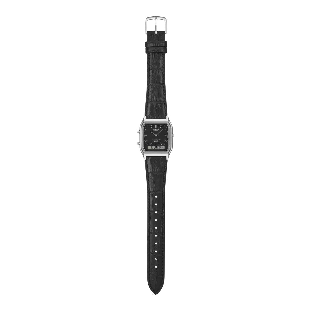 Casio Vintage AQ-230EL-1AEF rannekello, musta nahkaranneke ja kellotaulu
