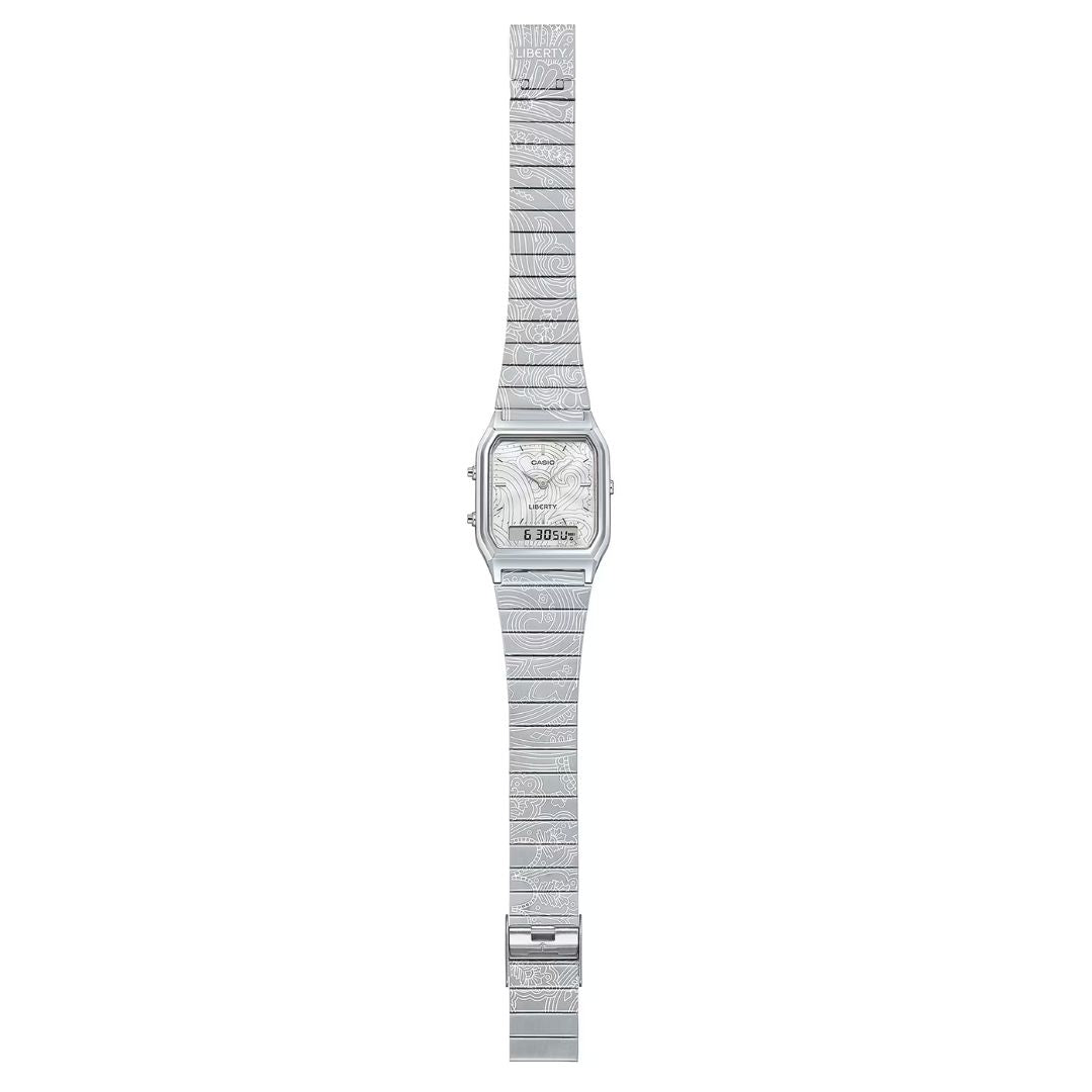 Casio Vintage Edgy AQ-230ELT-7AER rannekello, kuvioitu ranneke ja taulu