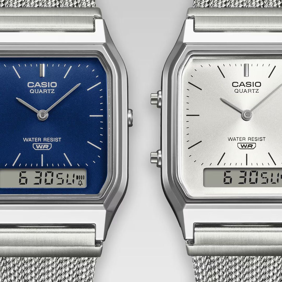 Casio Vintage AQ-230EM-2AEF anadigi-rannekello sinisellä kellotaululla