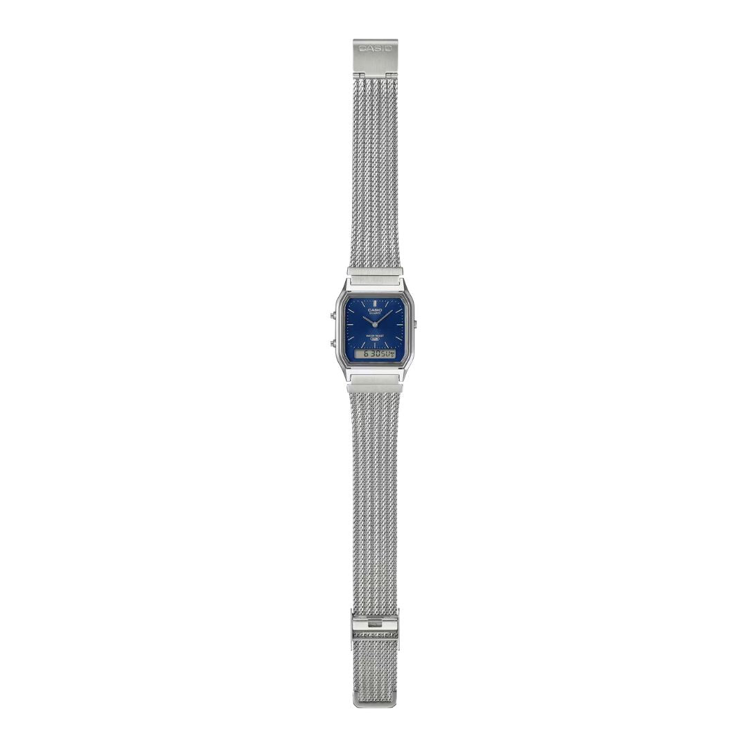 Casio Vintage AQ-230EM-2AEF rannekello hopeanvärisellä rannekkeella
