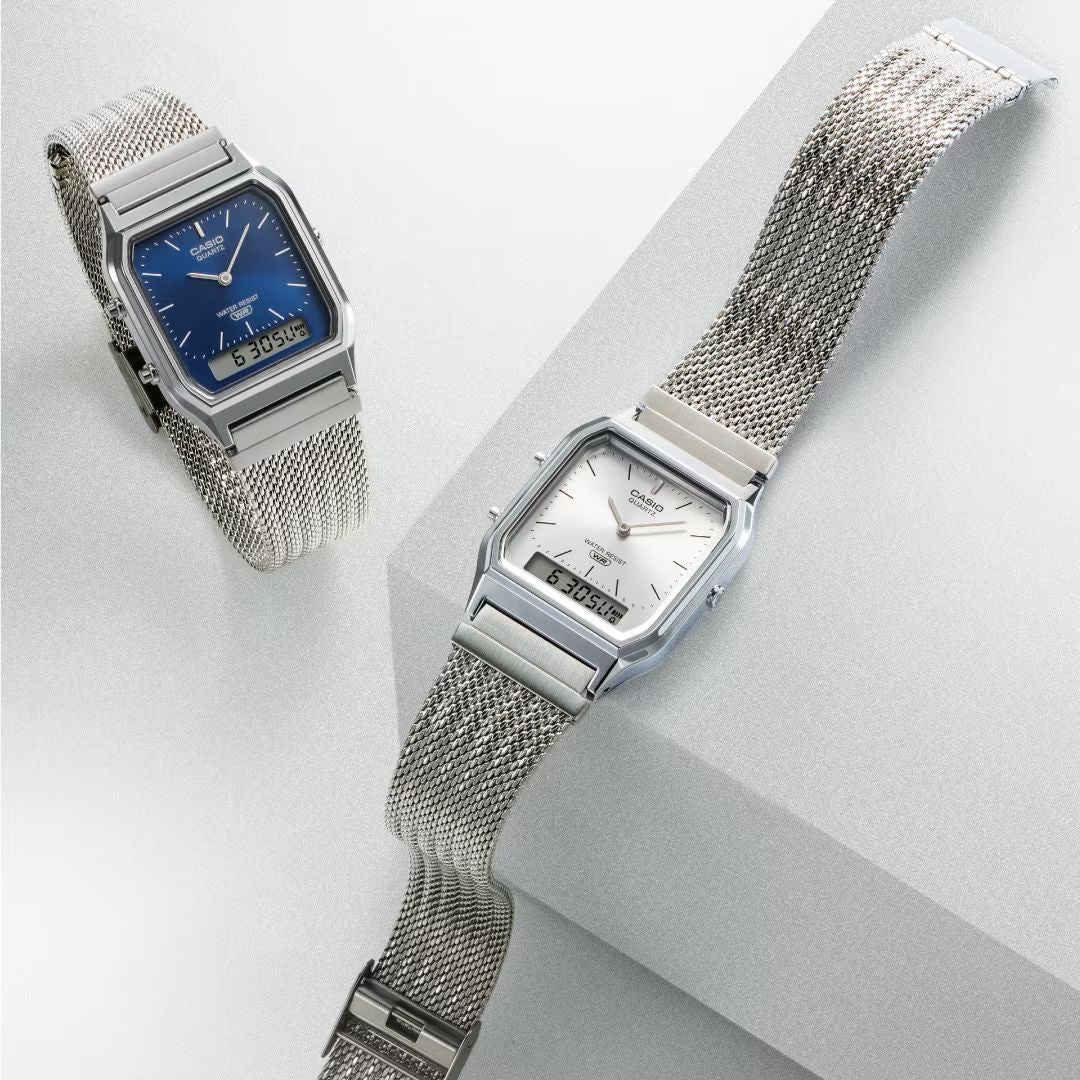 Casio Vintage AQ-230EM-7AEF anadigi-rannekello hopeanvärisellä kellotaululla