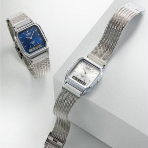 Casio Vintage AQ-230EM-7AEF anadigi-rannekello hopeanvärisellä kellotaululla