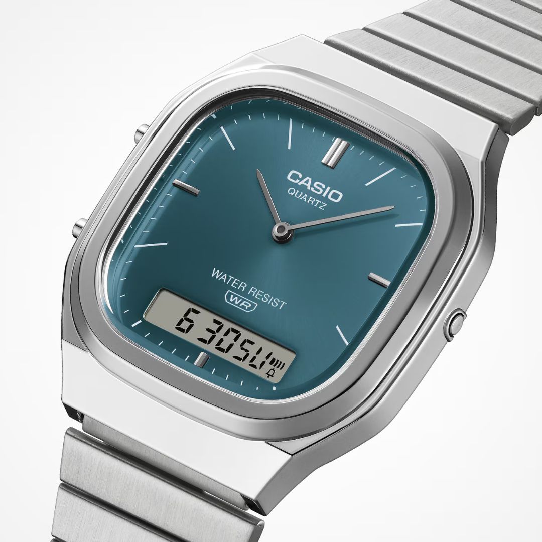 Casio Vintage AQ-240E-3AEF anadigi-rannekello, sinivihreä kellotaulu