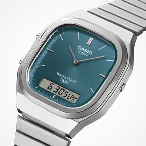 Casio Vintage AQ-240E-3AEF anadigi-rannekello, sinivihreä kellotaulu