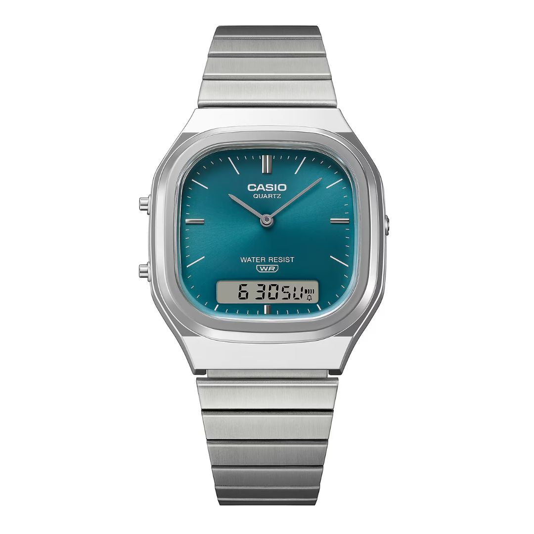 Casio Vintage AQ-240E-3AEF anadigi-rannekello sinivihreällä kellotaululla