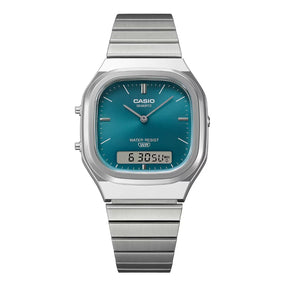 Casio Vintage AQ-240E-3AEF anadigi-rannekello sinivihreällä kellotaululla