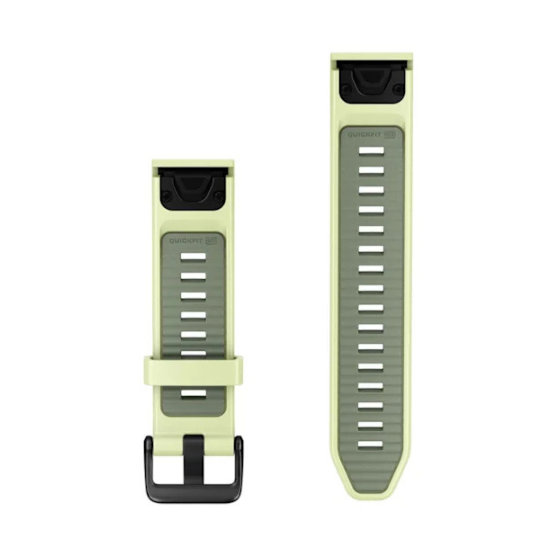 Garminin sitruunankeltainen 20 mm silikoniranneke mustalla soljella ja säätörei'illä edestä ja takaa esitettynä