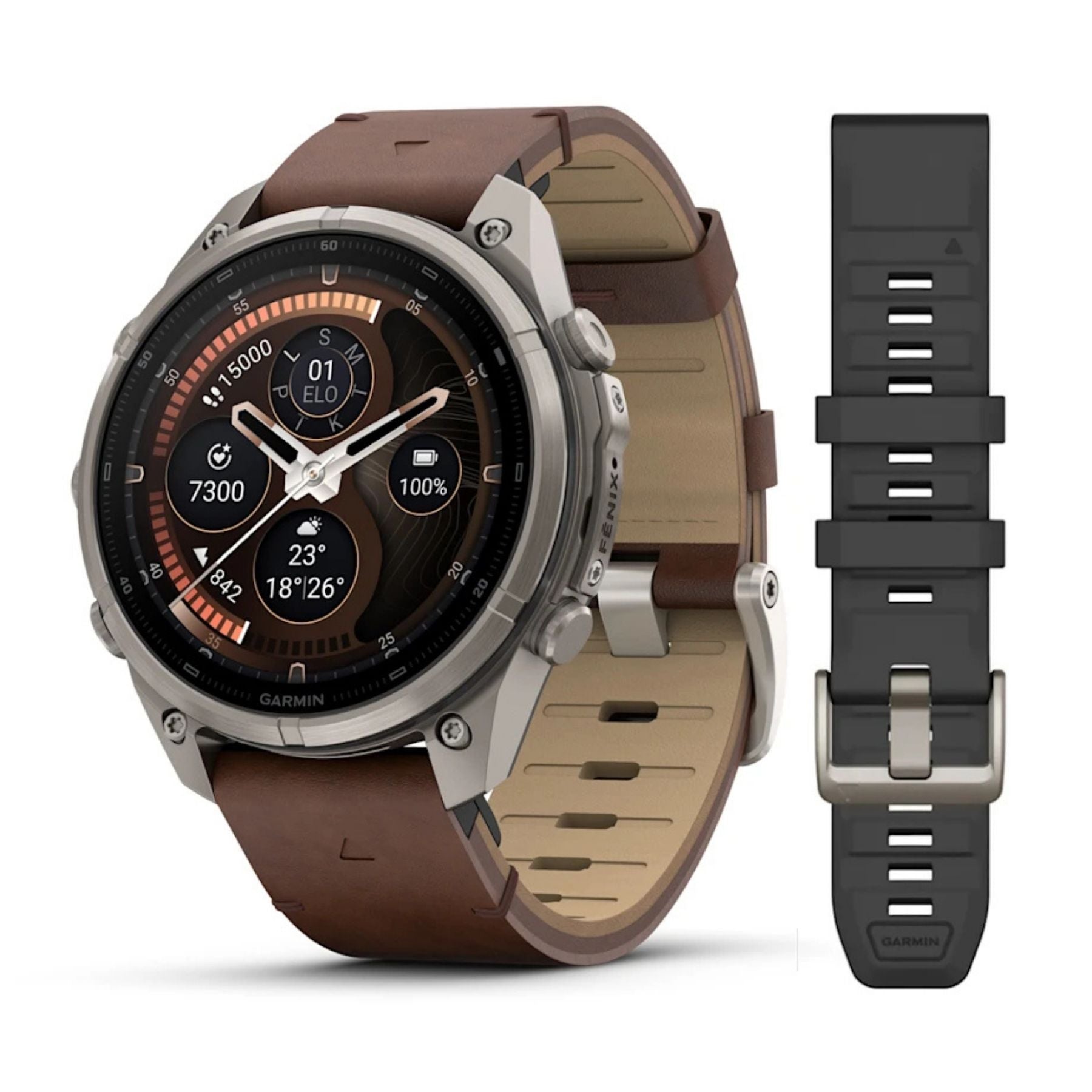 Garmin AMOLED älykello harmaalla titaanirungolla, ruskealla nahkarannekkeella ja erillisellä mustalla silikonihihnalla
