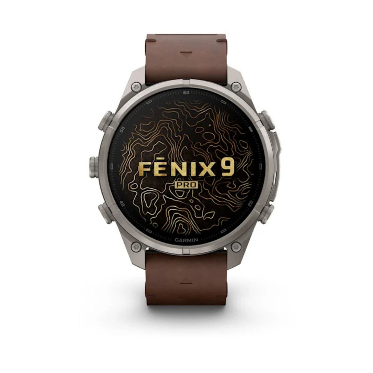 Garmin Fenix 9 Pro älykello harmaalla titaanikotelolla ja pähkinänruskealla nahkarannekkeella, näytössä karttakuosi