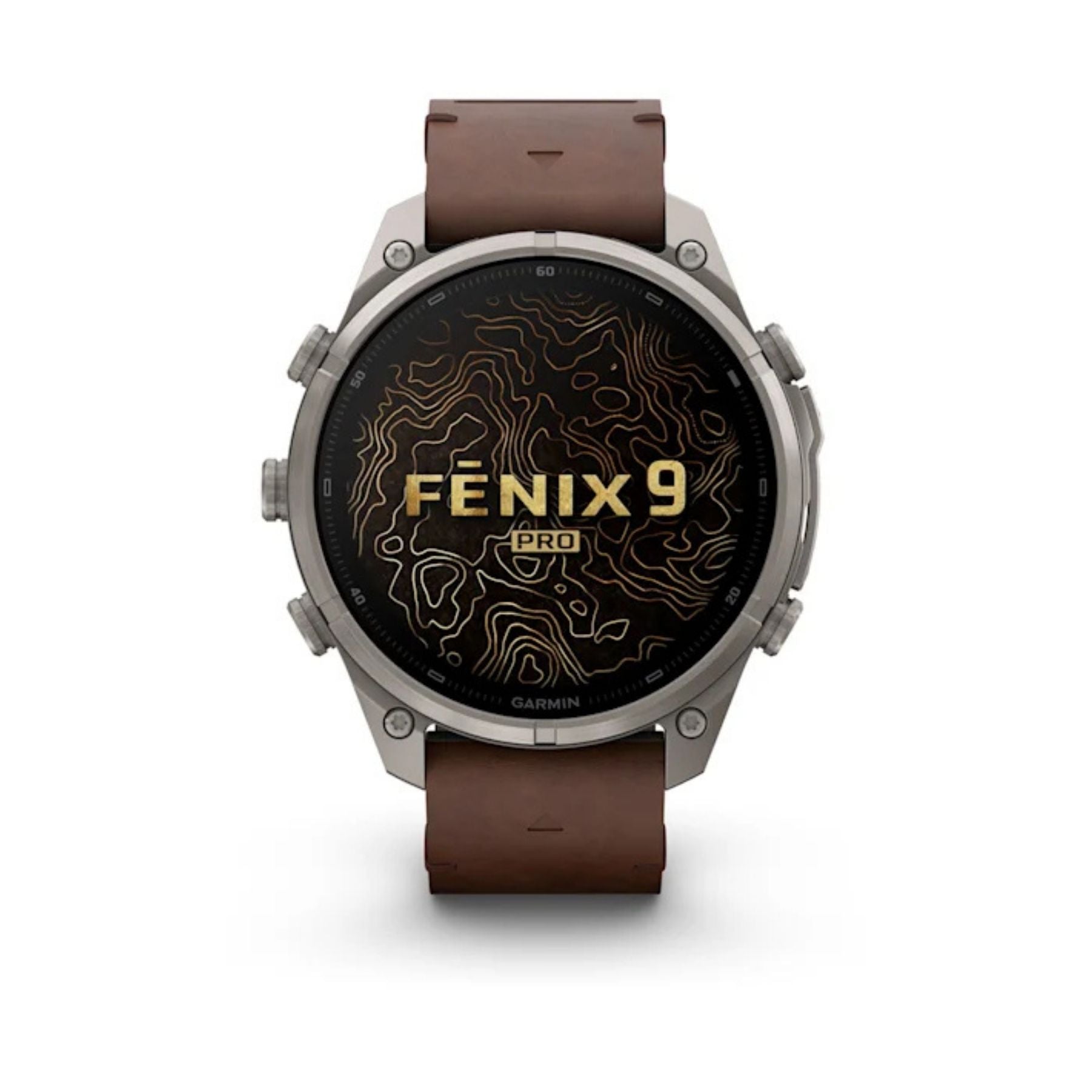 Garmin Fenix 9 Pro älykello harmaalla titaanikotelolla ja pähkinänruskealla nahkarannekkeella, näytössä karttakuosi