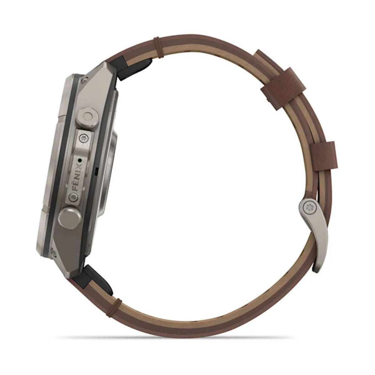 Garmin Fenix 9 Pro älykello sivulta harmaalla titaanikotelolla ja pähkinänruskealla nahkarannekkeella