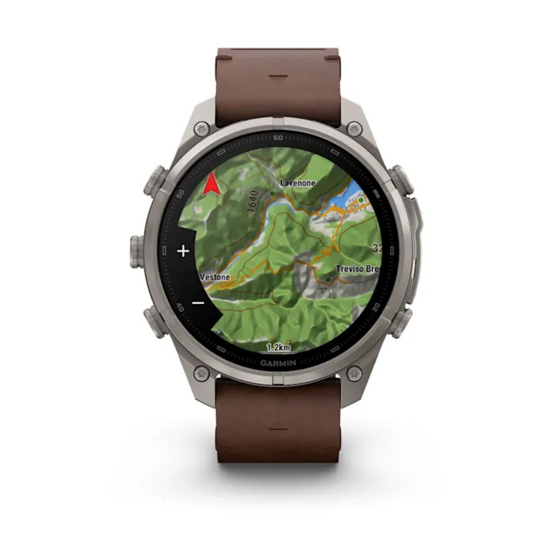 Garmin Fenix 9 Pro älykello harmaalla titaanikuorella ja ruskealla nahkarannekkeella, näytössä värikäs karttanäkymä