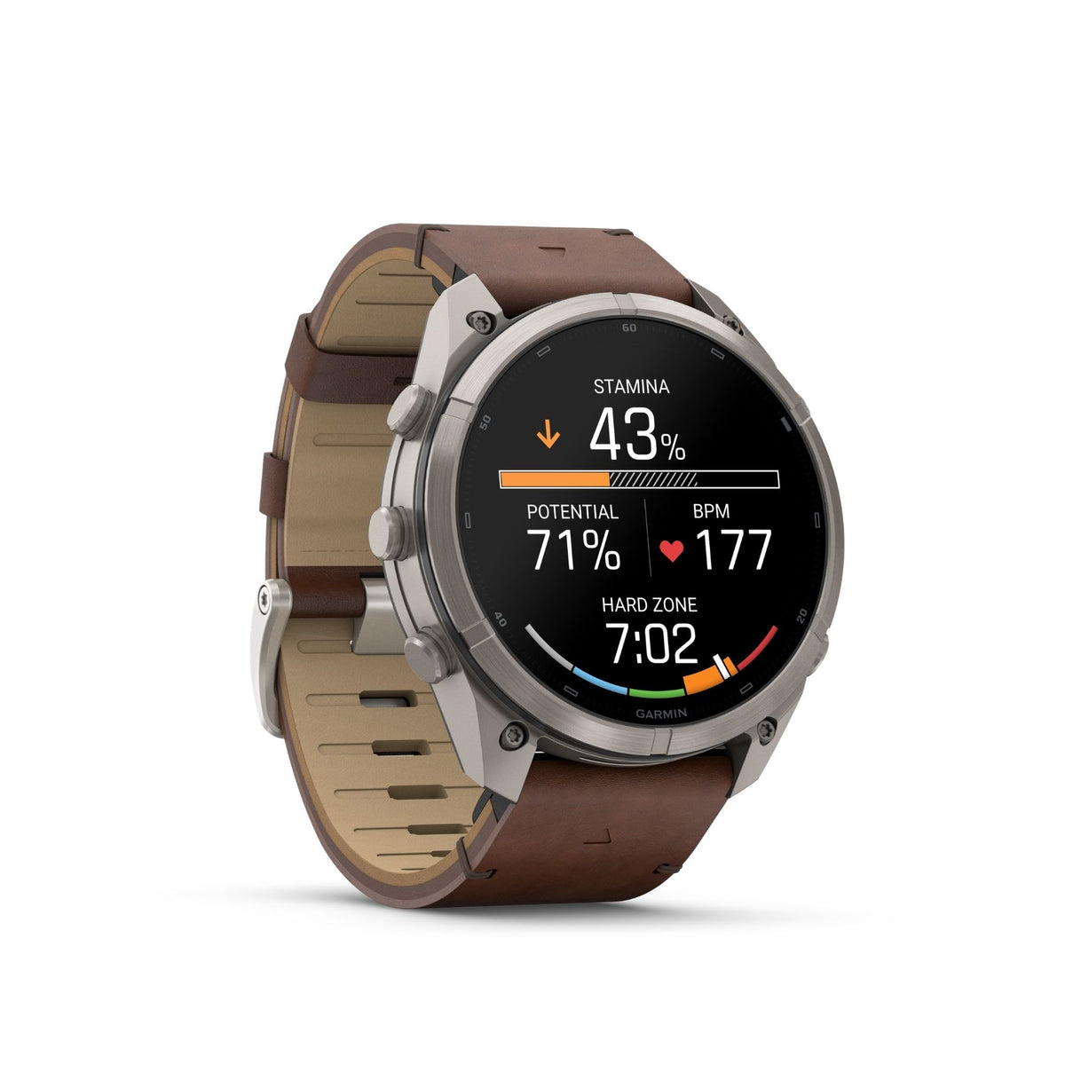 Garmin älykello harmaalla titaanikotelolla ja pähkinänruskealla nahkarannekkeella, pyöreä musta AMOLED-näyttö