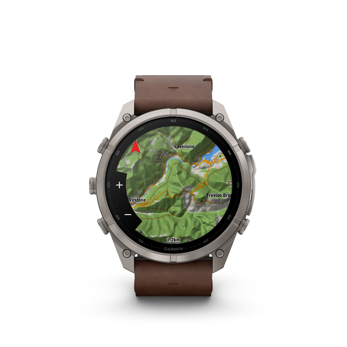 Garmin Fenix 9 Pro älykello harmaalla titaanikuorella, pähkinänruskealla nahkarannekkeella ja värillisellä karttanäytöllä