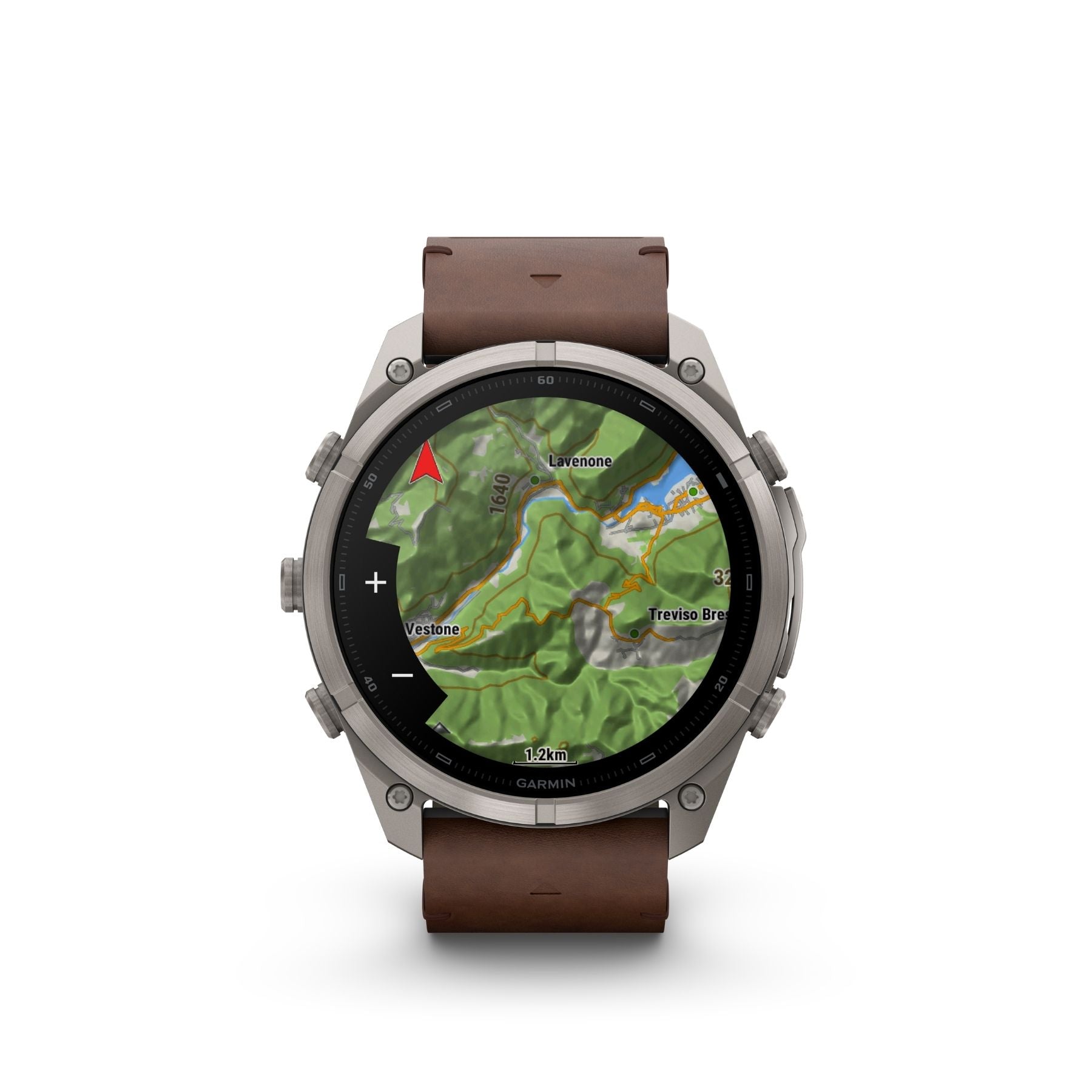 Garmin Fenix 9 Pro älykello harmaalla titaanikuorella, pähkinänruskealla nahkarannekkeella ja värillisellä karttanäytöllä