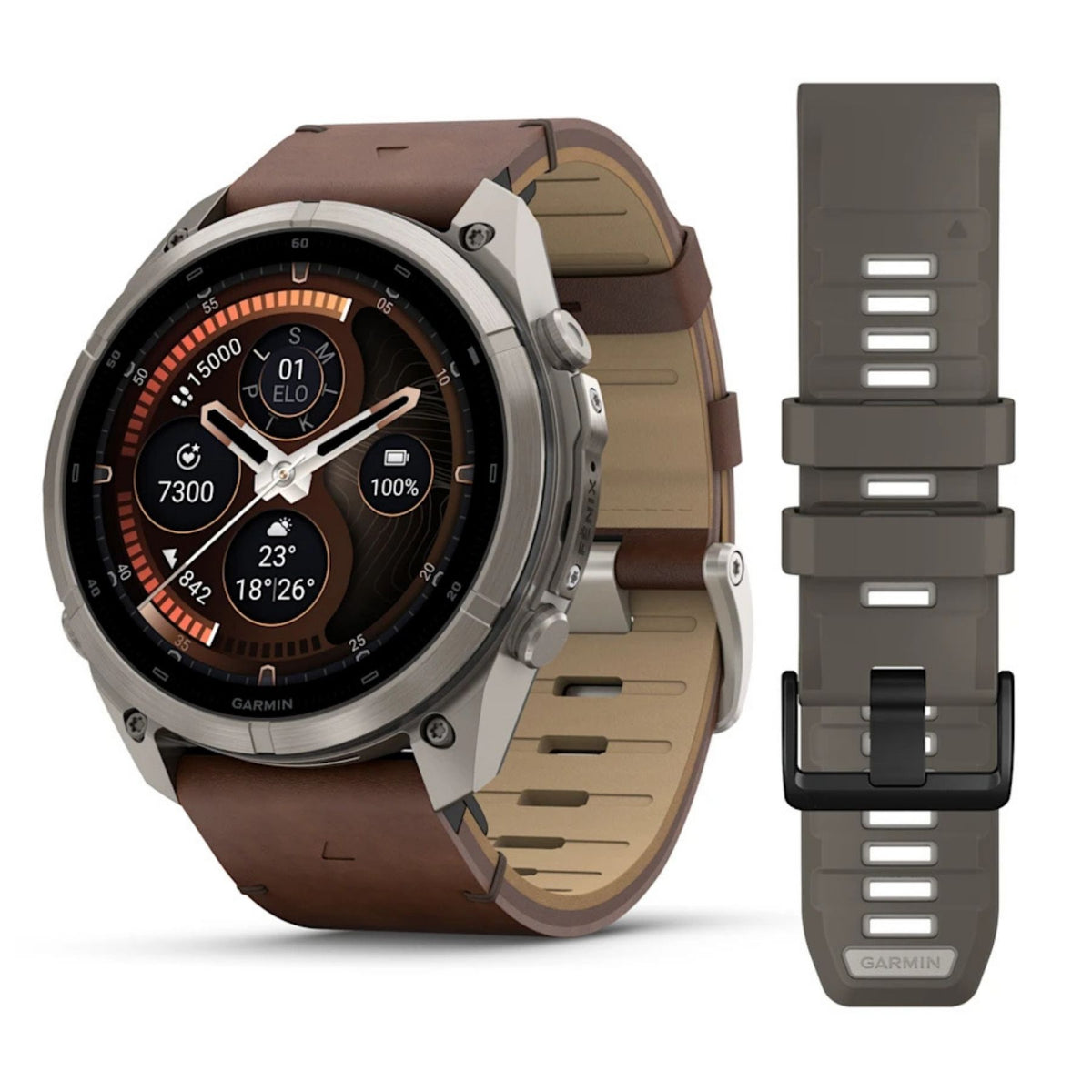 Garmin älykello harmaalla titaanikehyksellä, pyöreällä AMOLED-näytöllä ja pähkinänruskealla nahkarannekkeella sekä varahihnalla