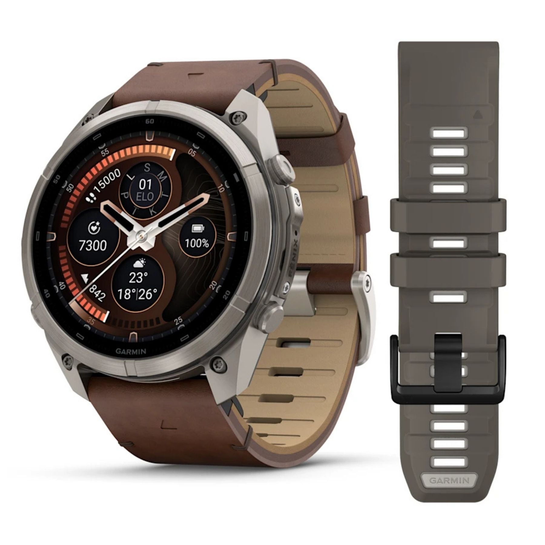 Garmin älykello harmaalla titaanikehyksellä, pyöreällä AMOLED-näytöllä ja pähkinänruskealla nahkarannekkeella sekä varahihnalla