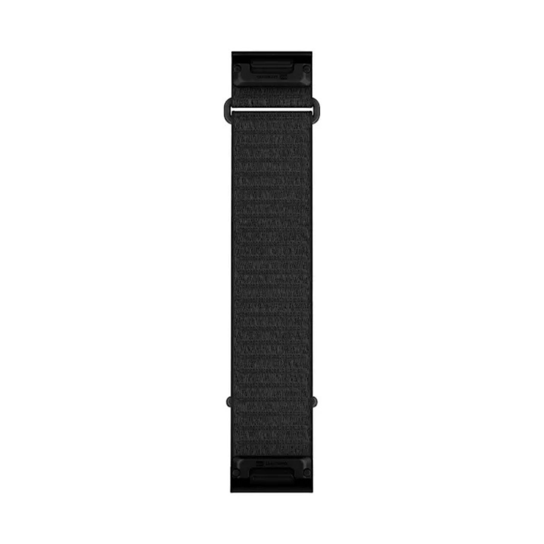 Garminin musta 26 millimetrin QuickFit kangasranneke kiinnitysosineen litteänä esitettynä