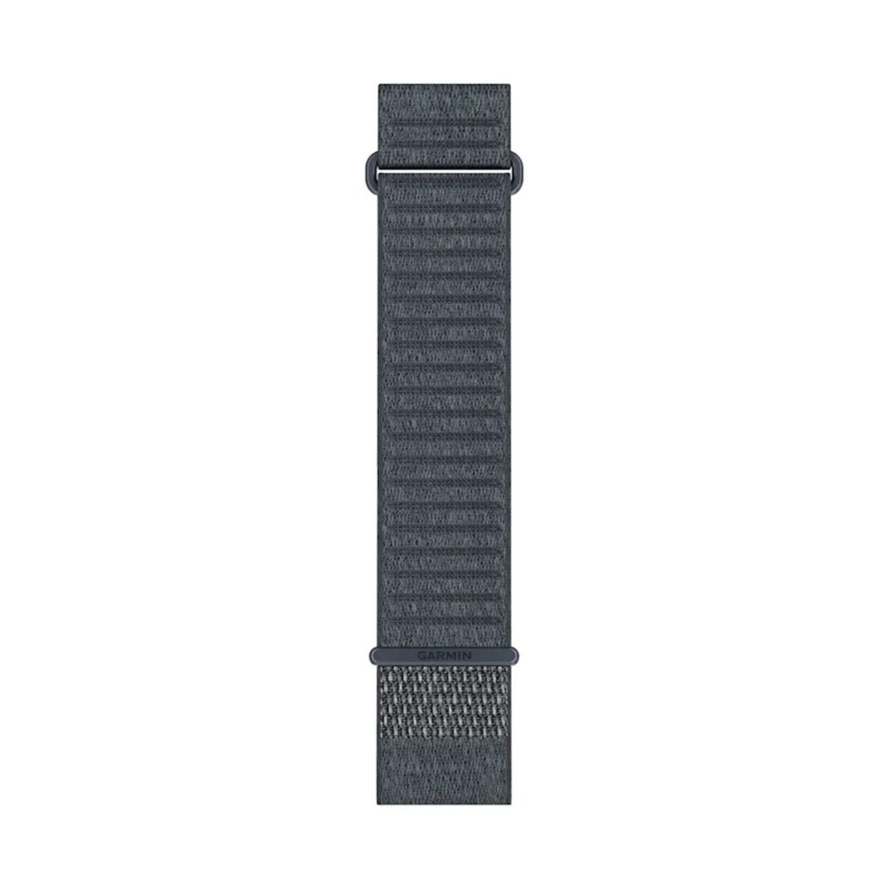 Garminin graniitinsininen 26 mm QuickFit-kangasranneke, tumma tekstiilipinta ja metallinen kiinnityslenkki.