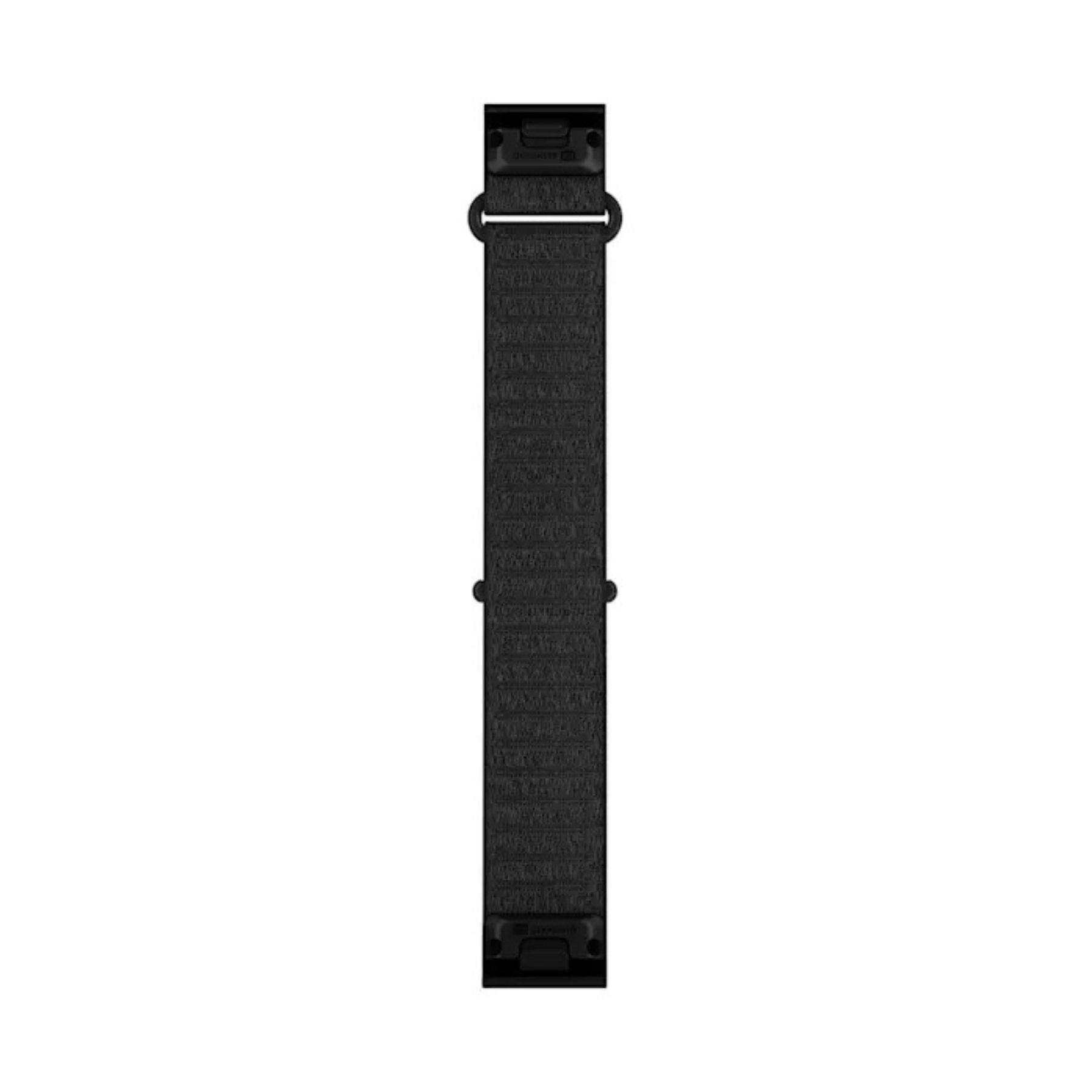 Musta Garminin lyhyt kangasranneke älykelloon, 20 mm leveä ja QuickFit kiinnitysosilla varustettu.