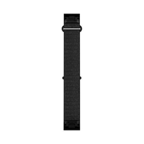 Musta Garminin lyhyt kangasranneke älykelloon, 20 mm leveä ja QuickFit kiinnitysosilla varustettu.