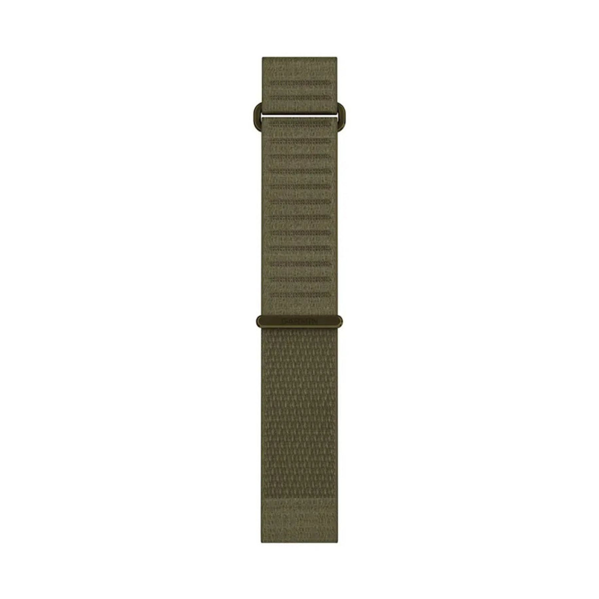 Garminin armeijanvihreä lyhyt 22 mm kangasranneke QuickFit pikalukituksella valkoisella taustalla