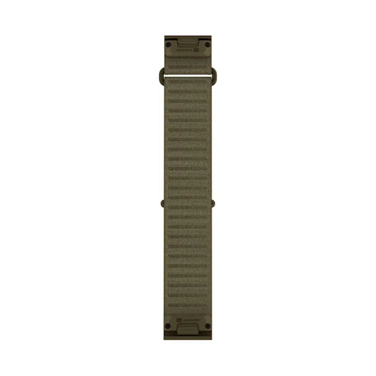 Garminin armeijanvihreä 22 mm kangasranneke suorassa näkymässä, pikalukituksen kiinnikkeet molemmissa päissä