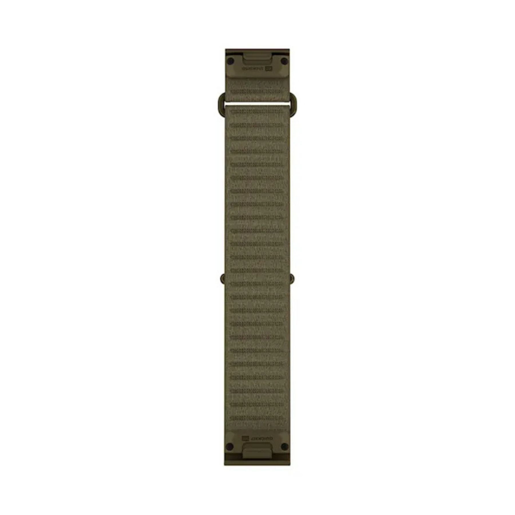 Garminin armeijanvihreä 22 mm kangasranneke suorassa näkymässä, pikalukituksen kiinnikkeet molemmissa päissä