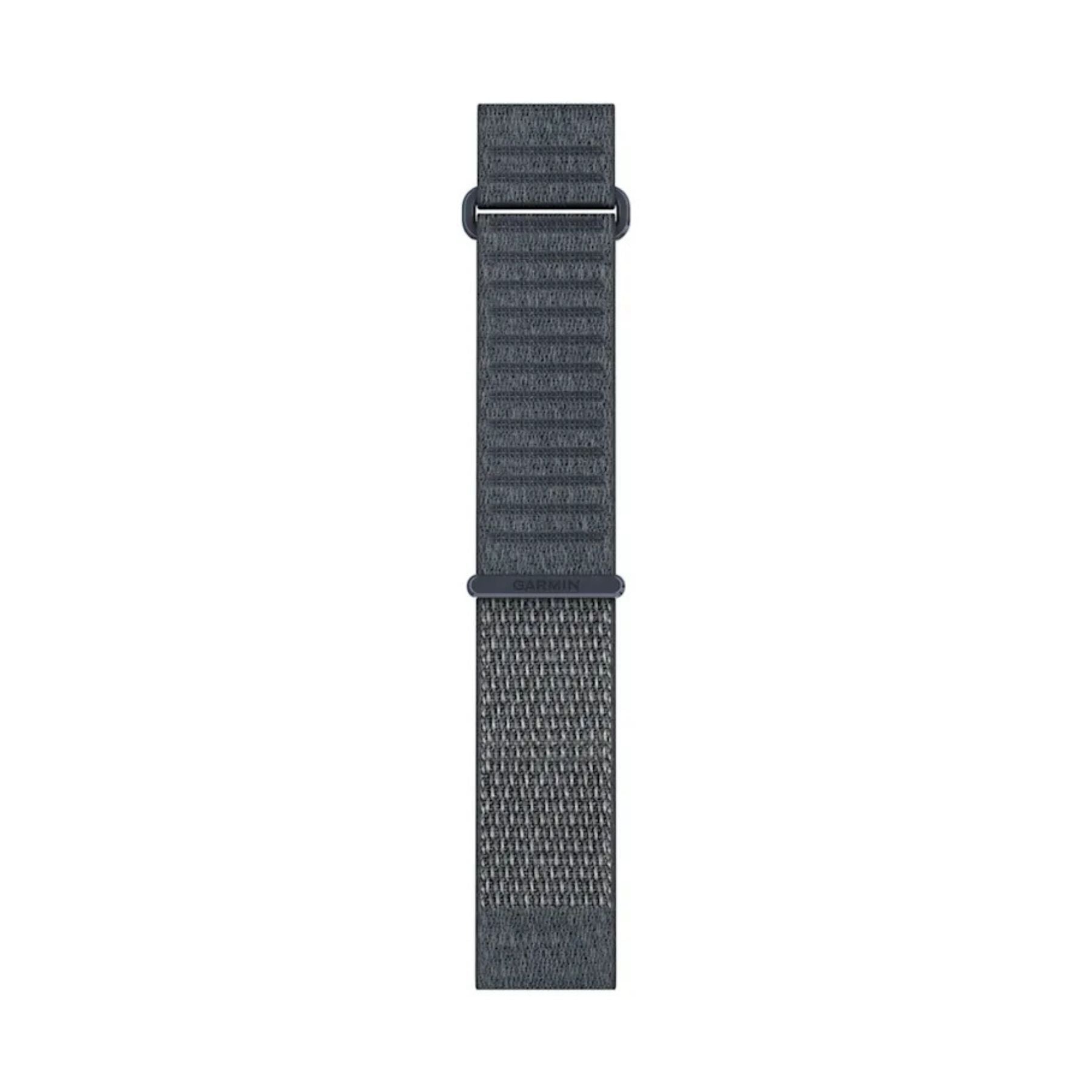 Garminin graniitinsininen kangasranneke metallisilla lenkeillä valkoisella taustalla