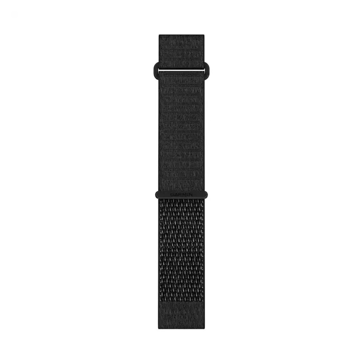 Musta Garmin QuickFit 22 mm lyhyt kangasranneke metallilenkeillä suorassa näkymässä valkoista taustaa vasten