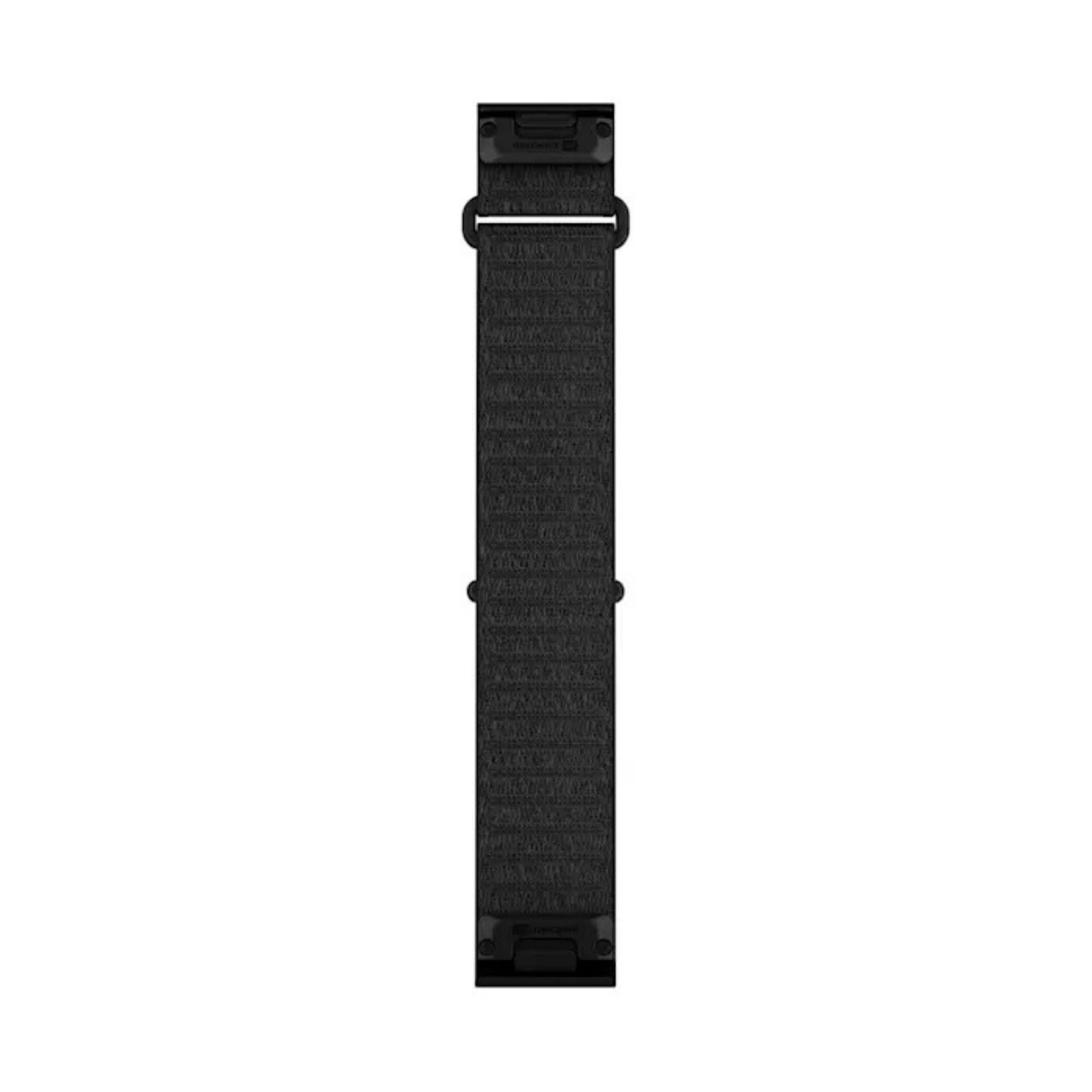 Musta Garminin 22 mm QuickFit kangasranneke lyhyenä mallina suorana valkoista taustaa vasten