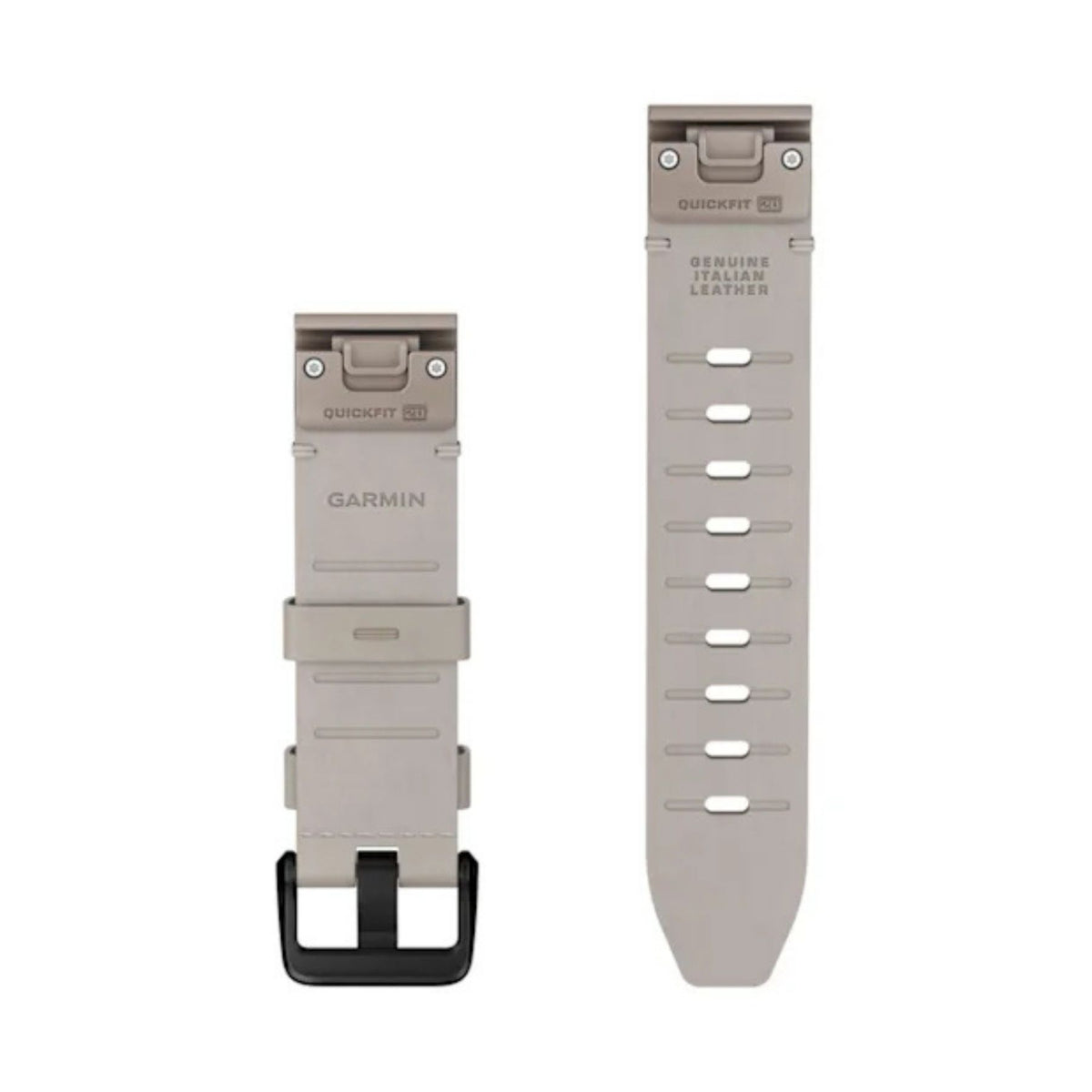 Luunvärinen Garmin QuickFit nahkaranneke 20 mm, jossa musta solki ja erillinen rei’itetty hihna.