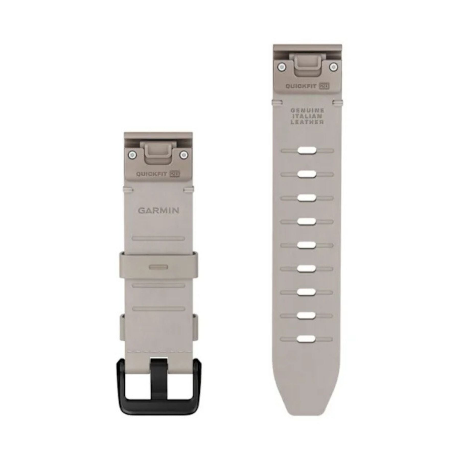 Luunvärinen Garmin QuickFit nahkaranneke 20 mm, jossa musta solki ja erillinen rei’itetty hihna.