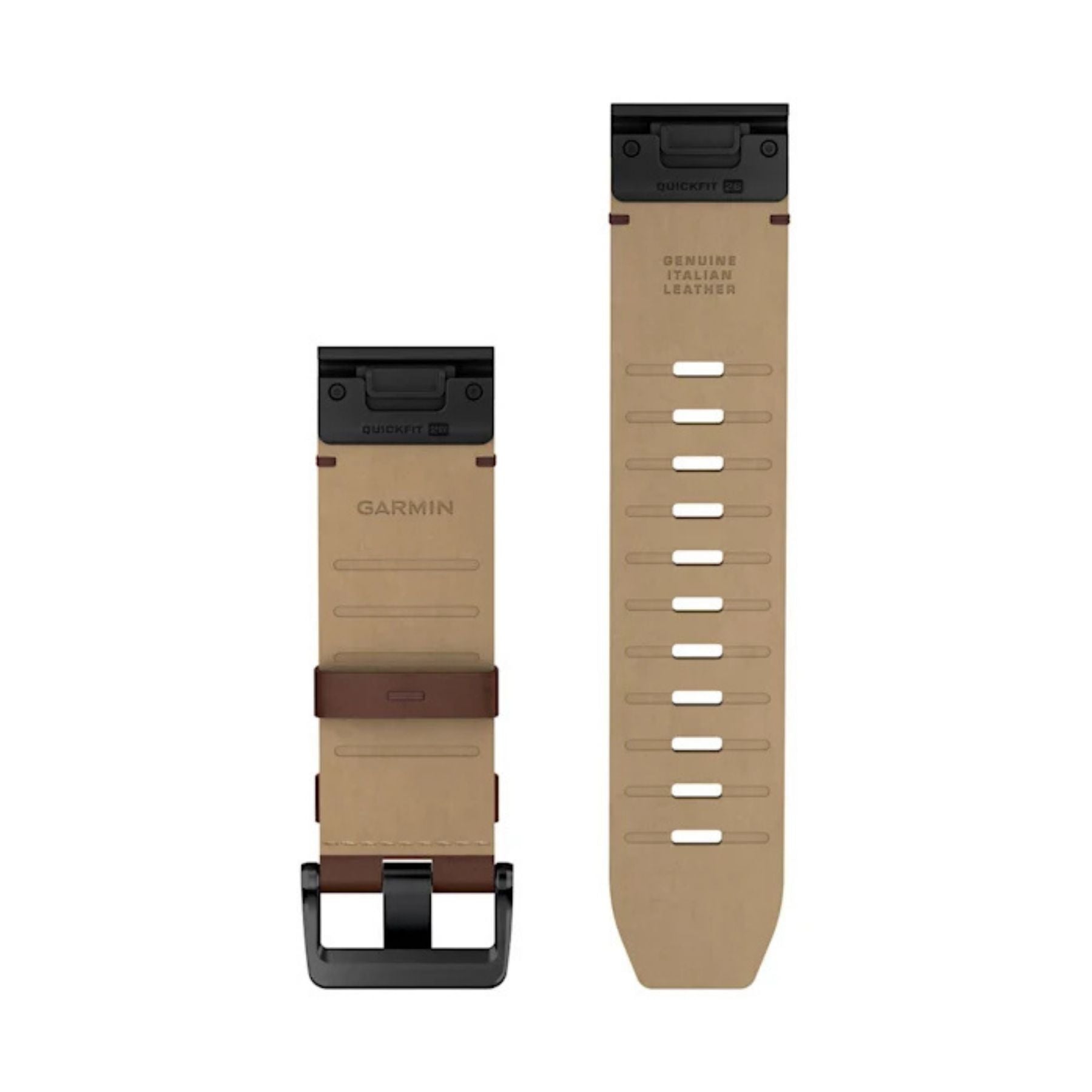 Garmin QuickFit 26 mm saksanpähkinänruskea nahkaranneke, sisäpinta ja musta solki näkyvät.