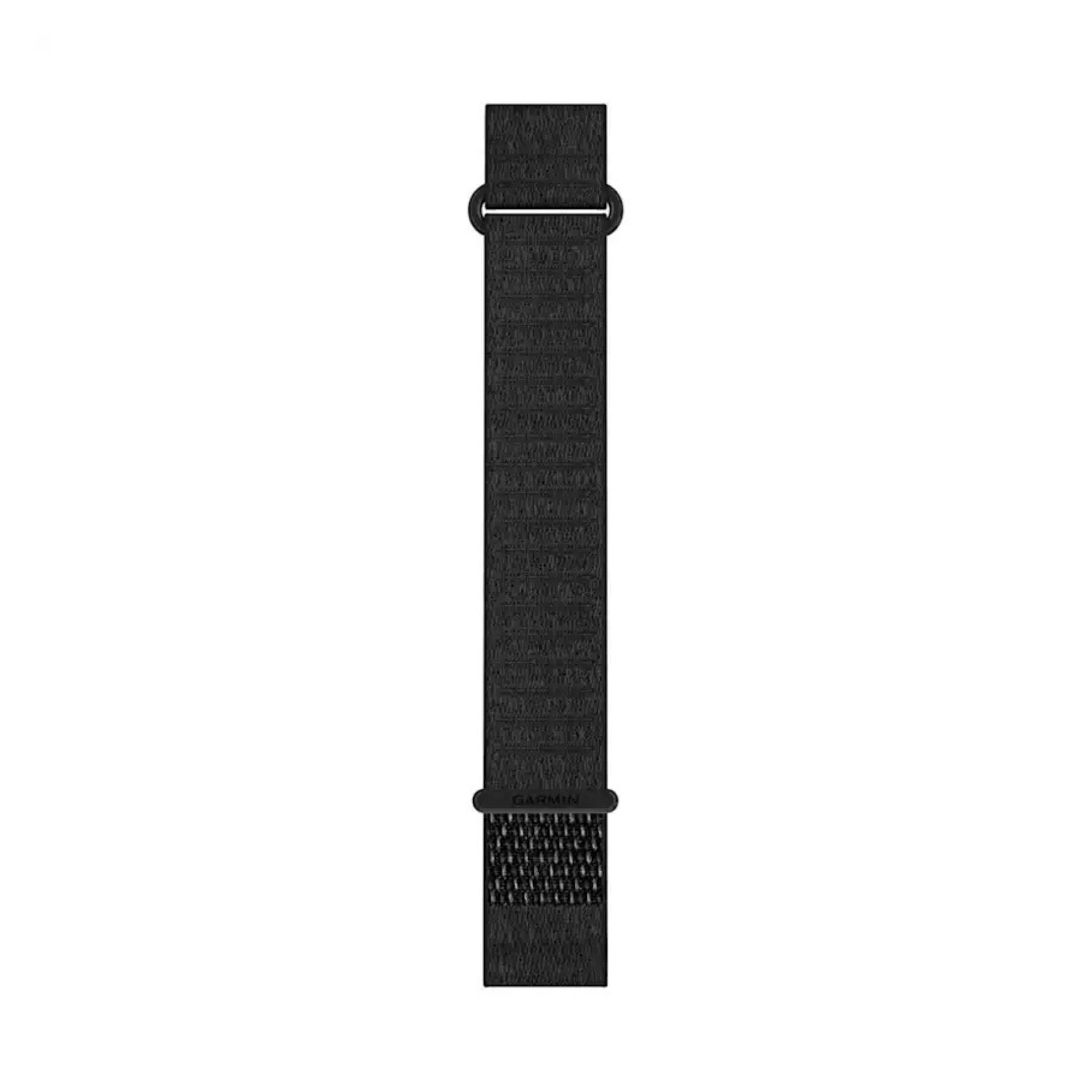 Garminin musta 20 mm pitkä kangasranneke, jossa on metallinen lenkki ja tekstuuripintainen ComfortFit-kangas.