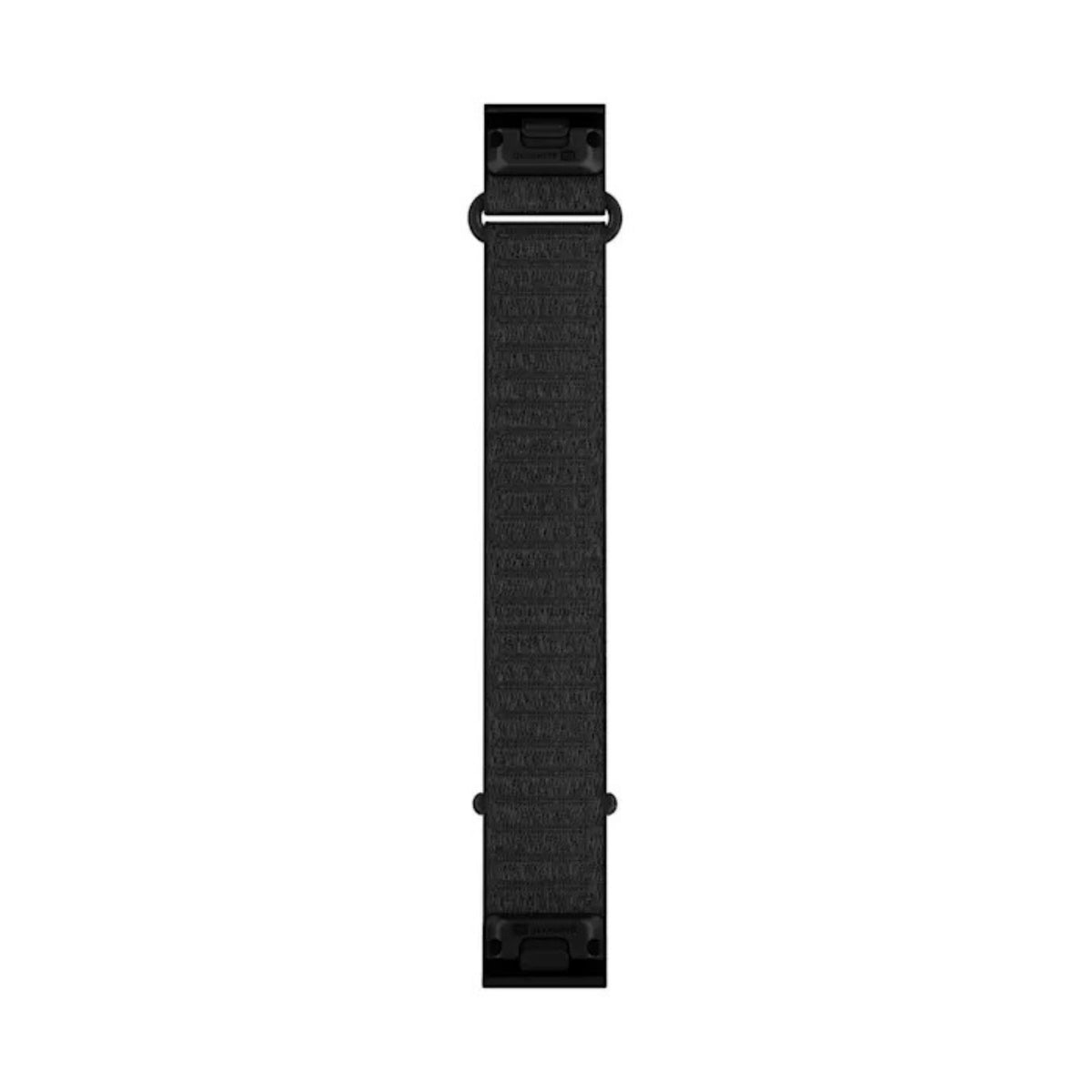 Garmin QuickFit 20 mm pitkä musta kangasranneke, etupuoli ja kiinnitysosat näkyvissä