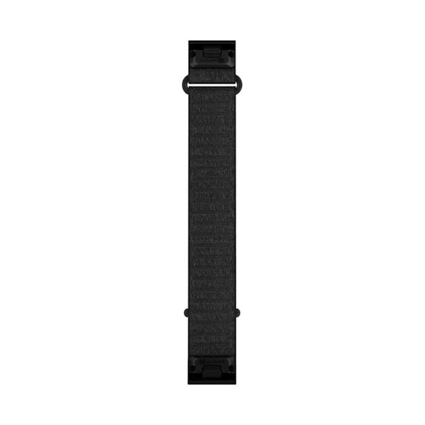 Garmin QuickFit 20 mm pitkä musta kangasranneke, etupuoli ja kiinnitysosat näkyvissä