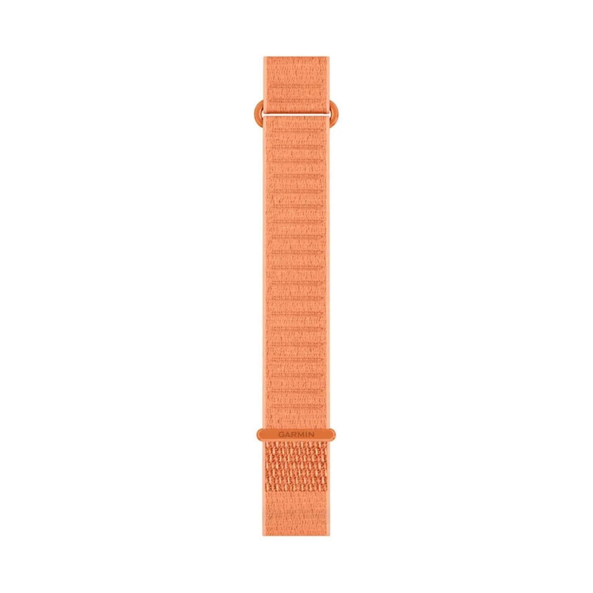 Persikanpinkki pitkä Garmin kangasranneke, jossa on säätölenkit ja Garmin merkintä
