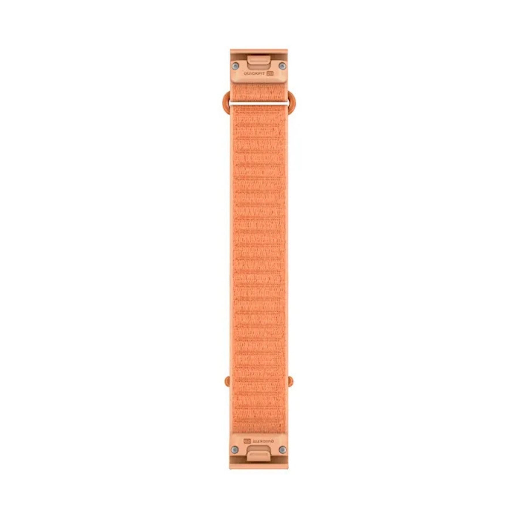 Garminin persikanpinkki pitkä 20 mm kangasranneke QuickFit kiinnikkeillä valkoista taustaa vasten