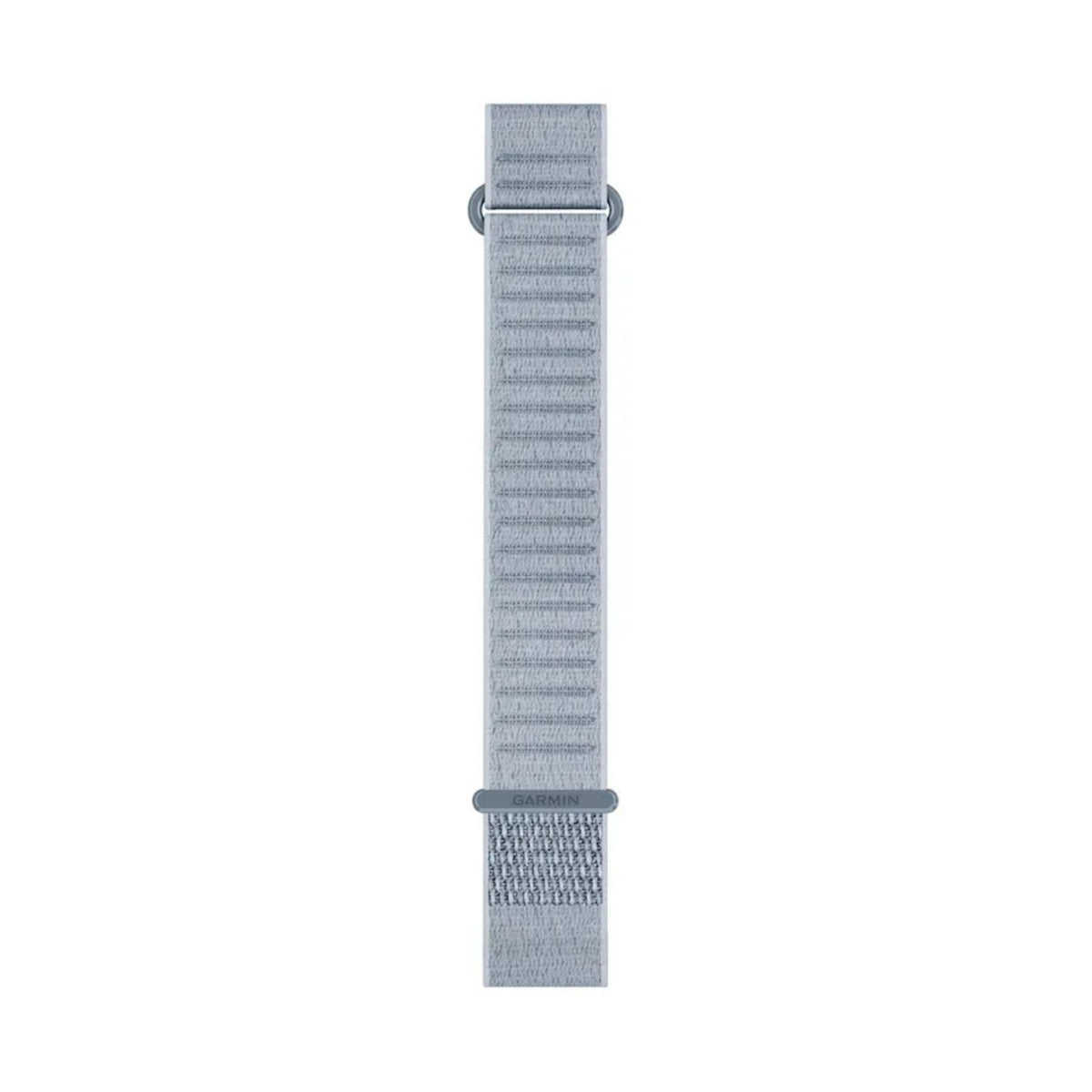 Garmin QuickFit 20 mm pitkä kangasranneke rannikonsinisessä harmaaseen taittavassa sävyssä, etupuolelta nähtynä irrotettuna laskeutuvana nauhana