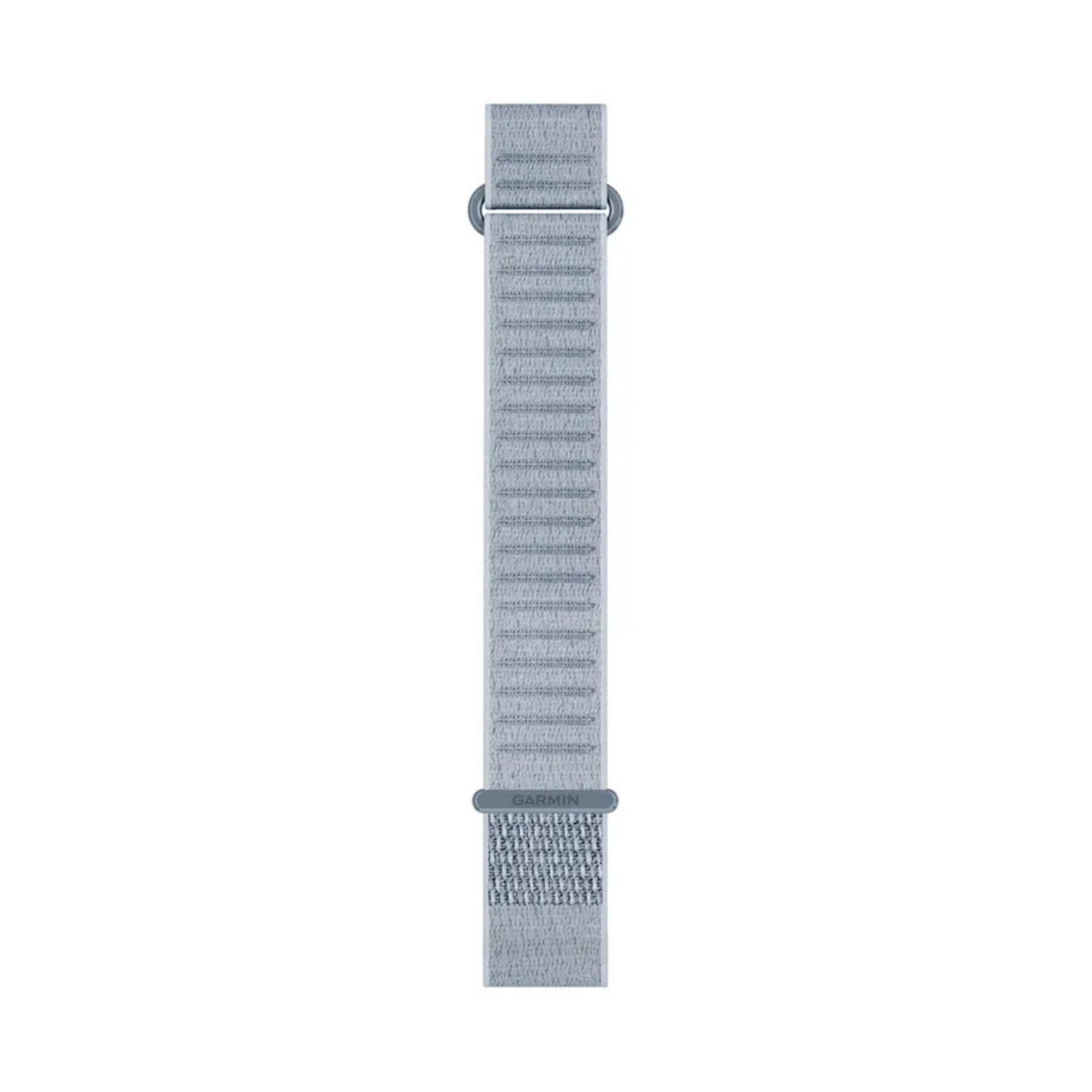 Garmin QuickFit 20 mm pitkä kangasranneke rannikonsinisessä harmaaseen taittavassa sävyssä, etupuolelta nähtynä irrotettuna laskeutuvana nauhana