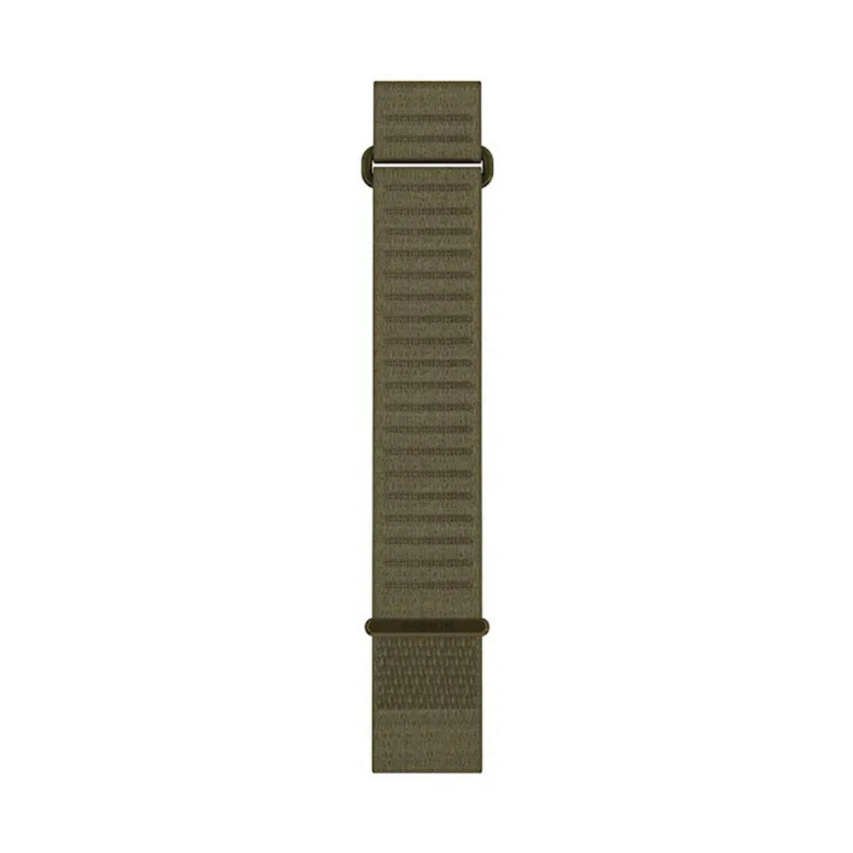Armeijanvihreä pitkä Garmin QuickFit -kangasranneke, jossa näkyvät metalliset kiinnityslenkit ja solki.