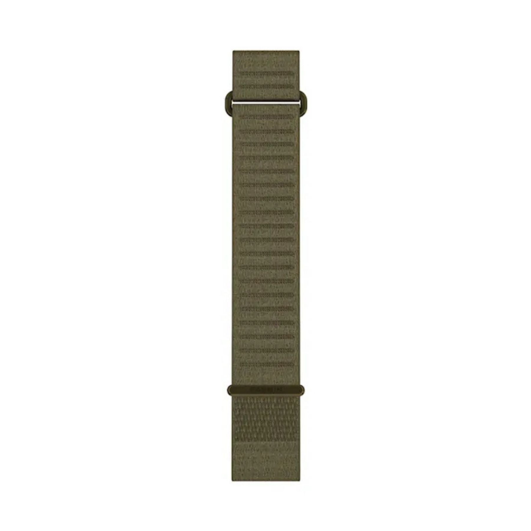 Armeijanvihreä pitkä Garmin QuickFit -kangasranneke, jossa näkyvät metalliset kiinnityslenkit ja solki.