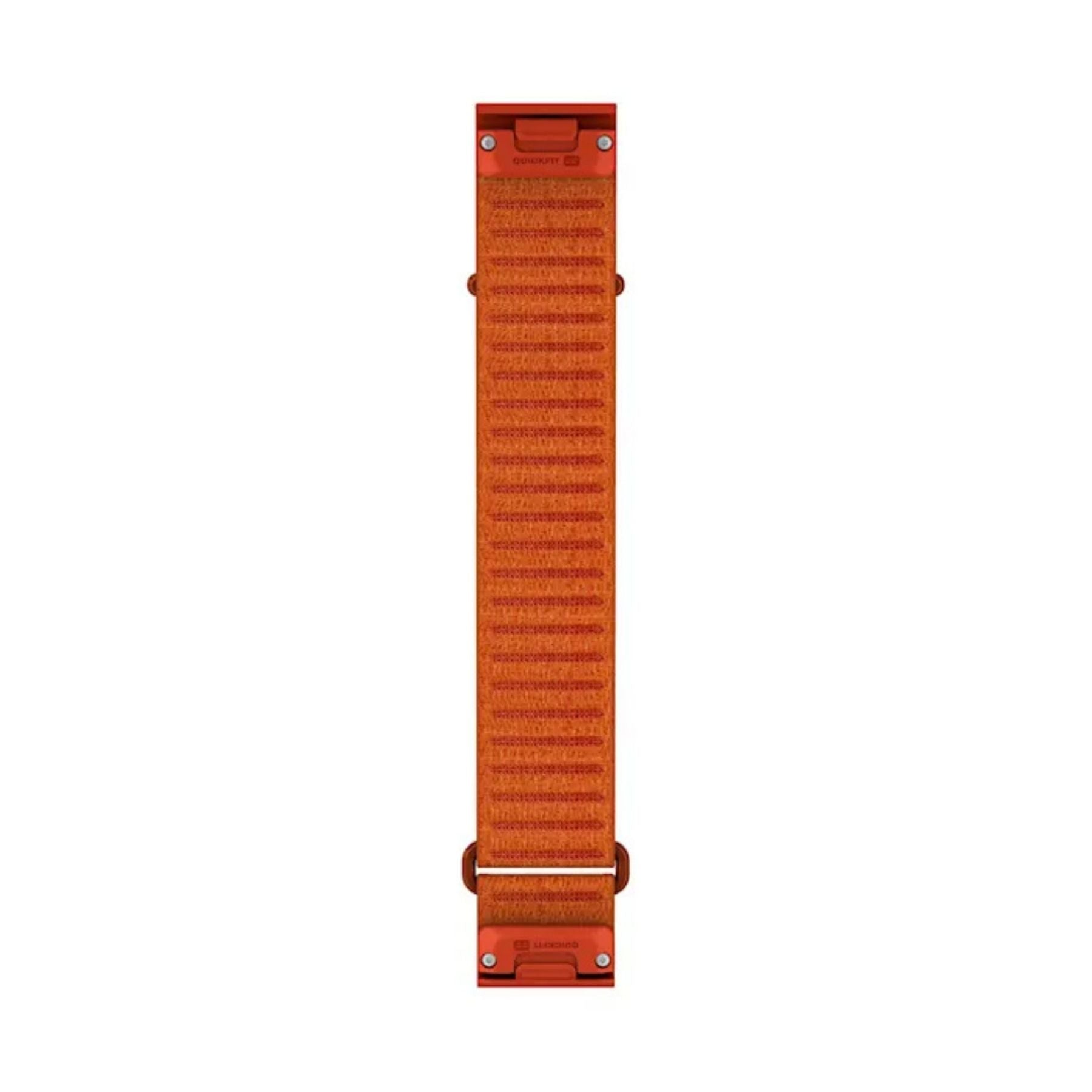 Garminin tiilenpunainen ja oranssi pitkä 22 mm kangasranneke QuickFit kiinnityksellä, etupuoli näkyy вертик?