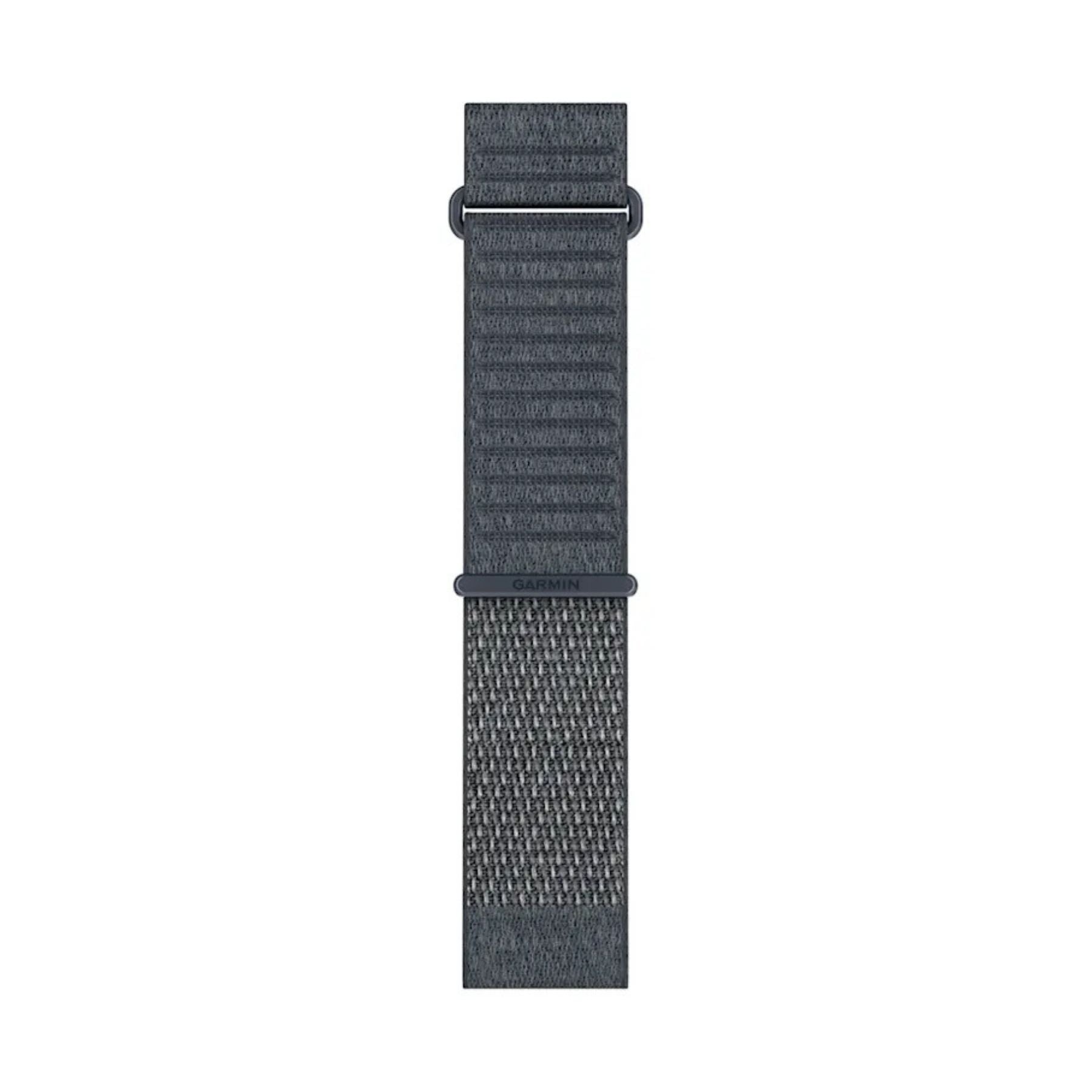 Garminin graniitinsininen QuickFit kangasranneke 26 millimetrin leveydellä ja metallisilla kiinnityslenkeillä edestä nähtynä
