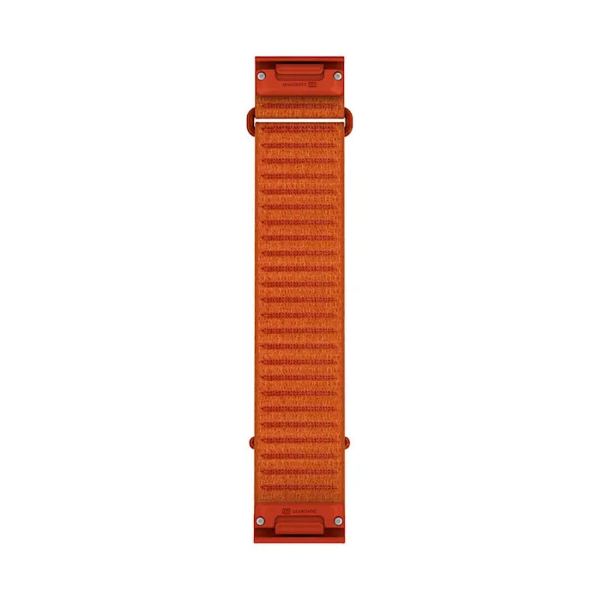 Garmin QuickFit 26 mm tiilenpunainen ja oranssi kangasranneke edestä, punaisilla kiinnikkeillä